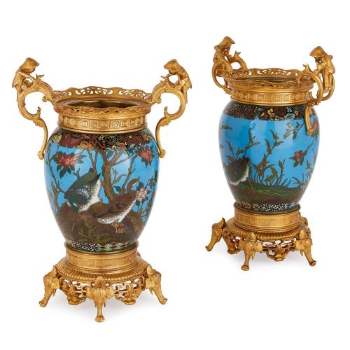 Pair of ormolu mounted cloisonné enamel antique Meiji vases