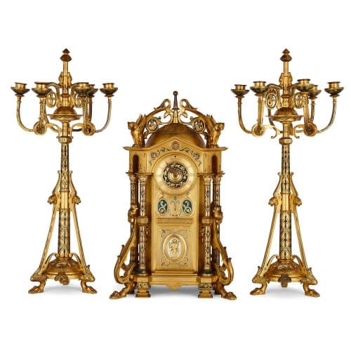 Neo-Byzantine style enamel and ormolu clock set by Raingo Frères