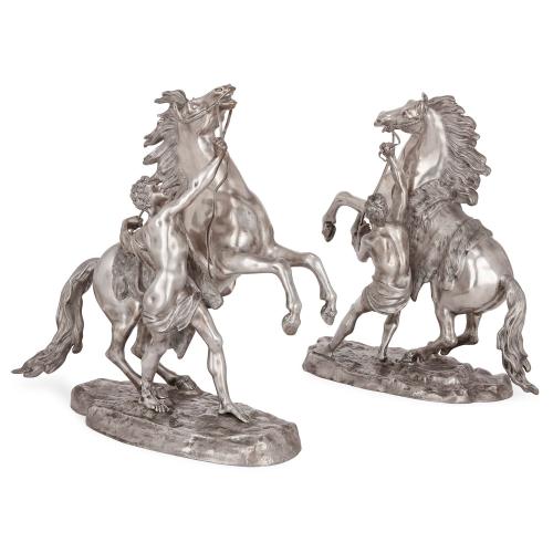 Antique pair of silvered bronze models of the Marly horses