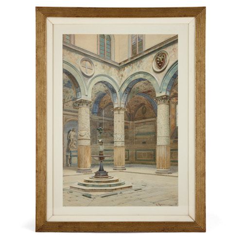 Watercolour painting of Palazzo Vecchio courtyard by Marrani