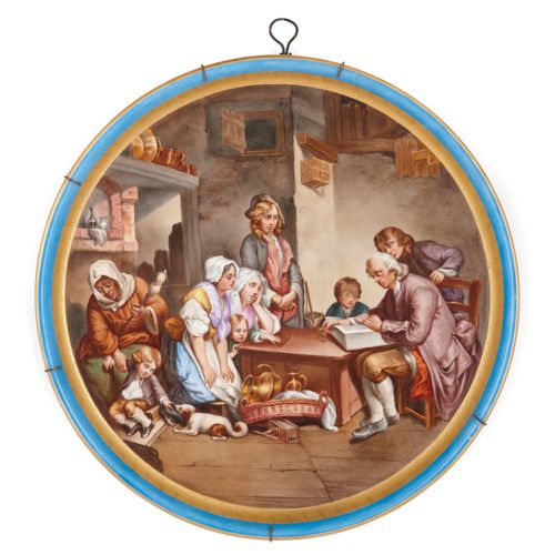 French porcelain plaque with gold and turquoise border
