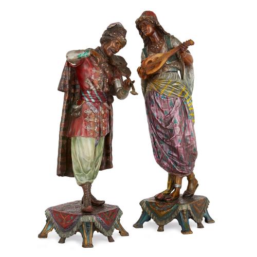 Pair of cold painted bronze Orientalist figures of musicians