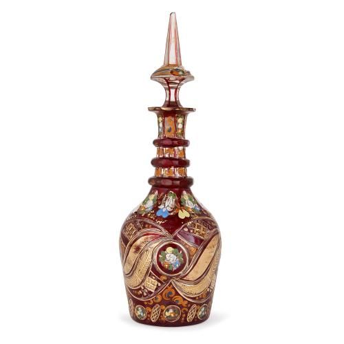 Bohemian ruby cut glass and enamelled antique decanter