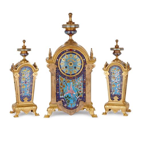 French ormolu and cloisonné enamel Orientalist clock set