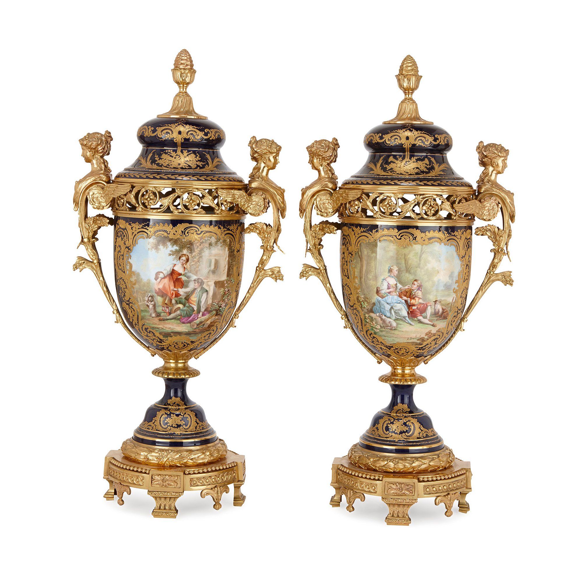 Three piece antique Sèvres style porcelain and ormolu garniture ...