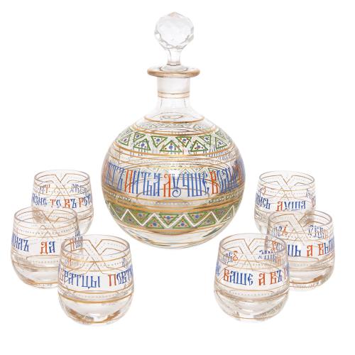 Antique Russian seven-piece enameled glass vodka drinking set