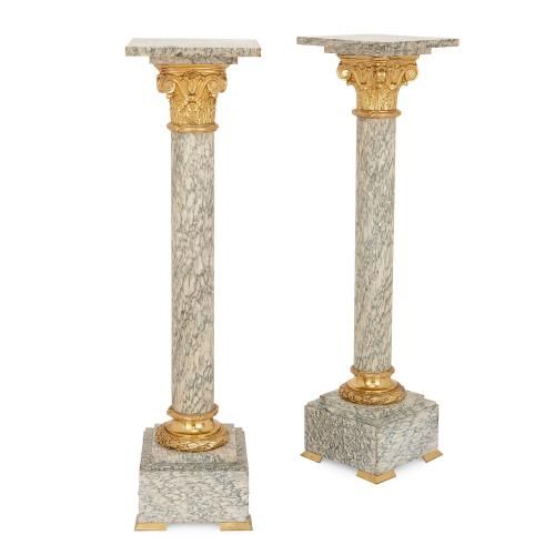 Pair of Neoclassical style ormolu mounted marble pedestals