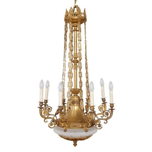French antique Empire style ormolu and glass chandelier