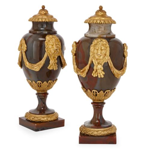 Pair of Louis XVI period ormolu mounted agate vases