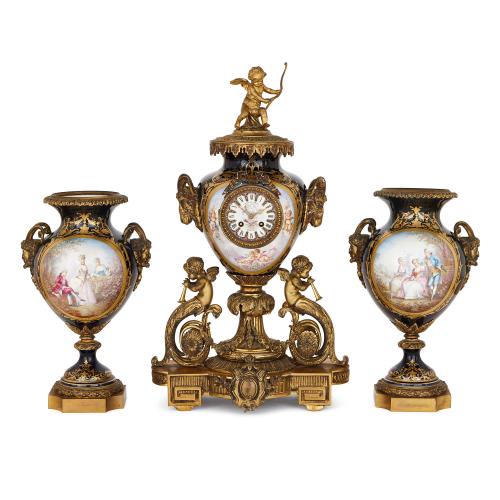 Antique French Sevres style porcelain and ormolu clock set