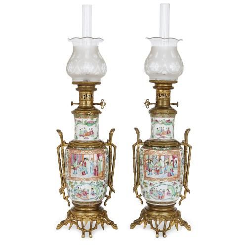 Chinese Canton famille rose porcelain lamps with ormolu mounts