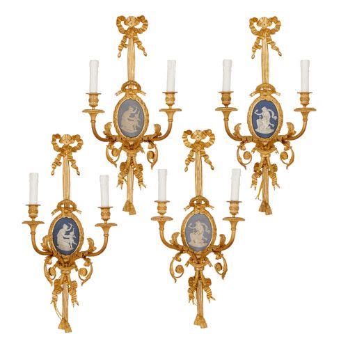 Four ormolu and jasperware wall lights by Vian and Beurdeley