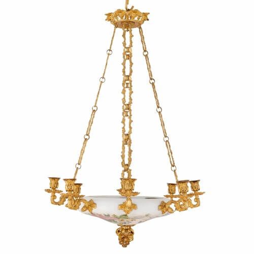 Antique French ormolu and opaline glass chandelier