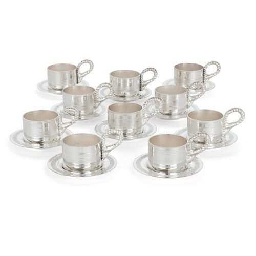 Set of ten silver-plate coffee cups and saucers by Habis