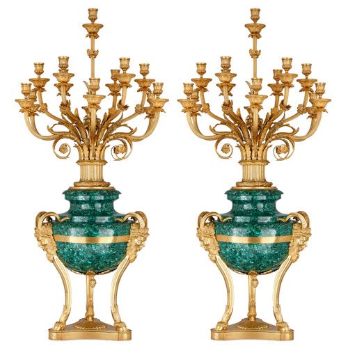 Pair of Neoclassical style ormolu mounted malachite candelabra
