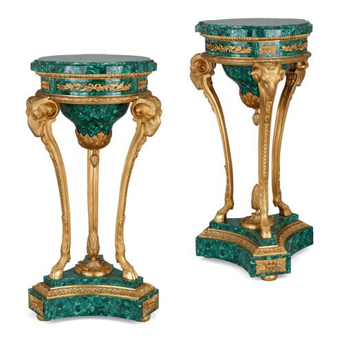 Pair of Neoclassical style ormolu and malachite pedestals