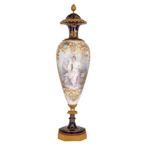 Monumentally large ormolu mounted Sèvres style porcelain vase