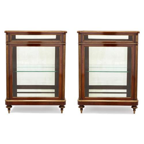 Pair of antique French mahogany and brass vitrine cabinets