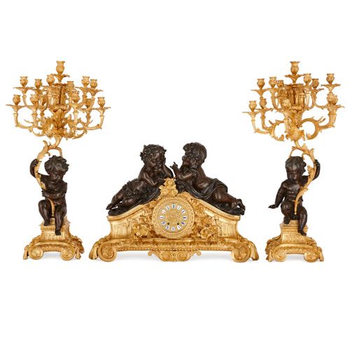 Napoleon III period gilt and patinated bronze clock set