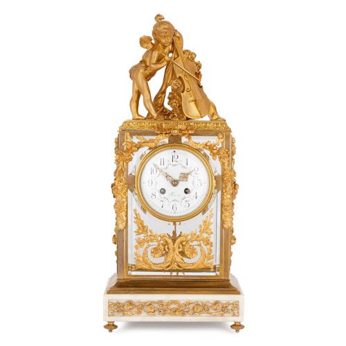 Antique French ormolu, marble and glass mantel clock