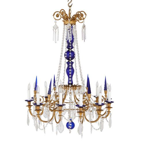 Antique Russian ormolu, cobalt blue and clear glass chandelier