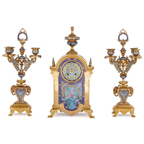 Antique French ormolu and champlevé enamel clock set