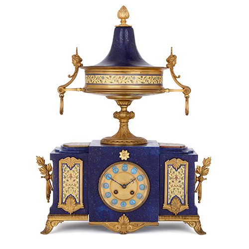 French Grecian style ormolu, enamel and lapis lazuli mantel clock 