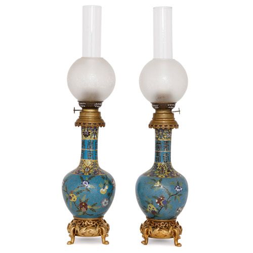 Pair of Chinoiserie style cloisonné enamel and ormolu oil lamps