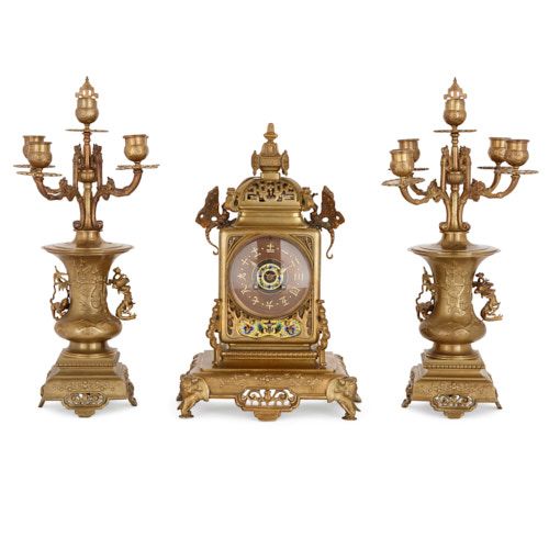 Japonisme ormolu and cloisonné enamel clock set