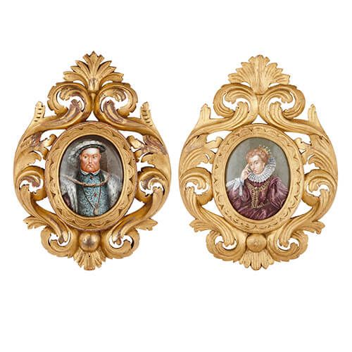 Pair of antique Limoges enamel plaques in giltwood frames