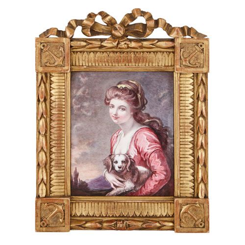 Limoges enamel portrait plaque in carved giltwood frame
