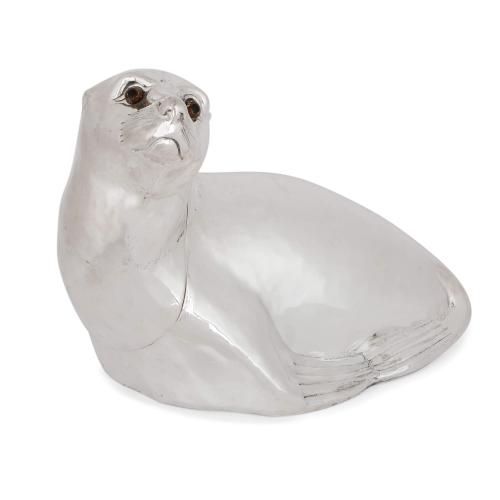 Silver plate wine cooler in the form of a sea lion