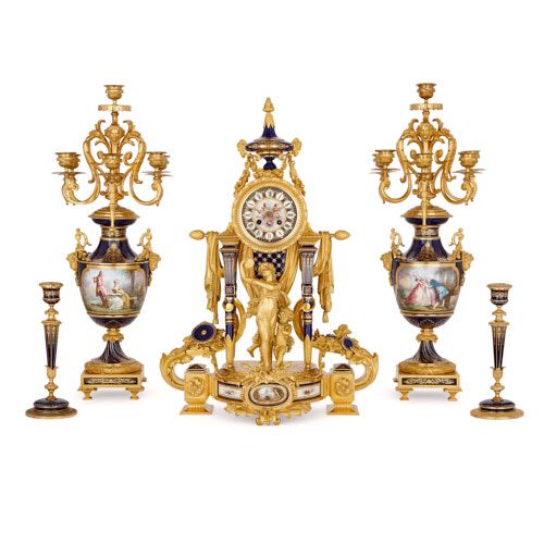Antique Sèvres style porcelain and ormolu five-piece clock set