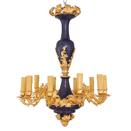 French 19th Century gilt metal and lapis lazuli chandelier