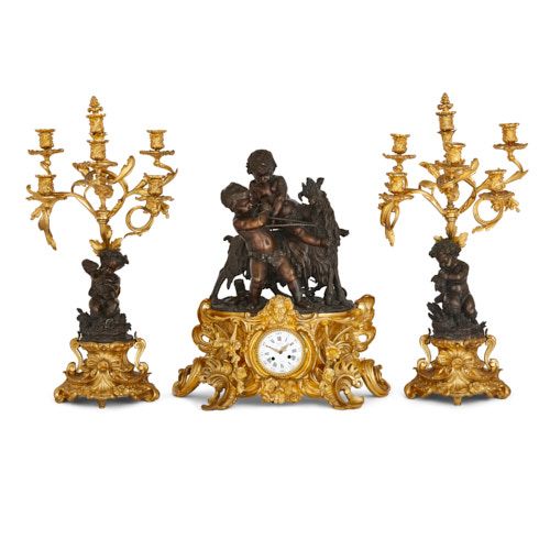 Napoleon III period gilt and patinated bronze clock set by Denière