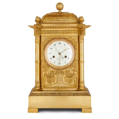 Large French Empire period ormolu mantel clock by Piolaine