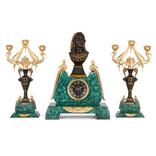 Malachite, marble, gilt and patinated bronze clock set by Le Roy