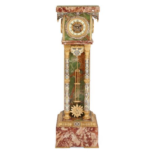 Ormolu, champlevé enamel, onyx and marble longcase clock