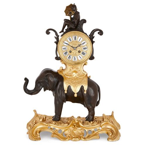 Chinoiserie gilt and patinated bronze elephant mantel clock 