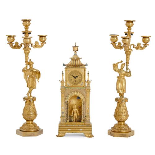 Antique Chinoiserie cold painted ormolu matched clock set