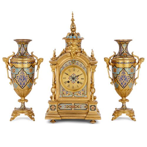 Renaissance Revival style ormolu and champlevé enamel clock set