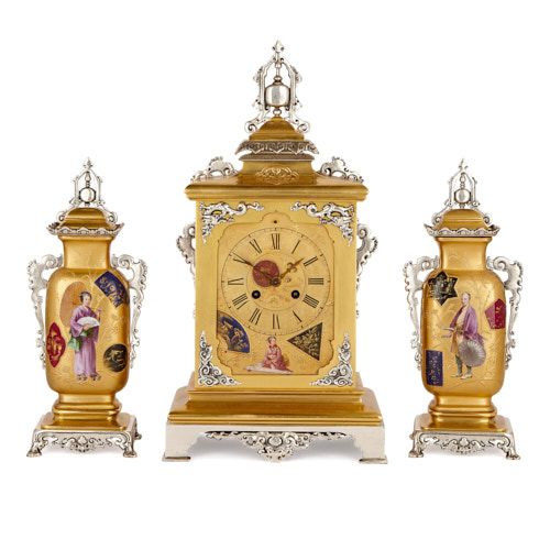 Japonisme porcelain, silvered and gilt brass clock set