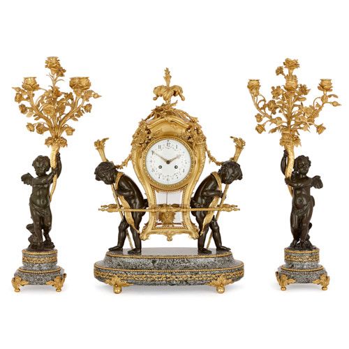 Large marble, gilt and patinated bronze clock set by Gervais 
