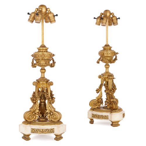Pair of French 19th Century ormolu and white marble lamps
