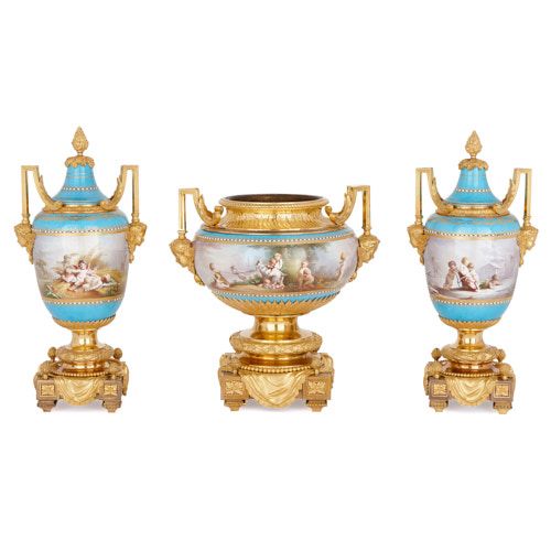 Sèvres porcelain vase garniture with ormolu mounts by Picard