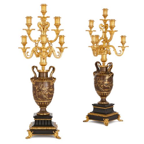 Pair of marble, gilt and patinated bronze candelabra