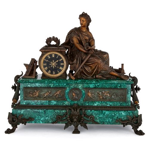 19th Century malachite, gilt and patinated spelter mantel clock