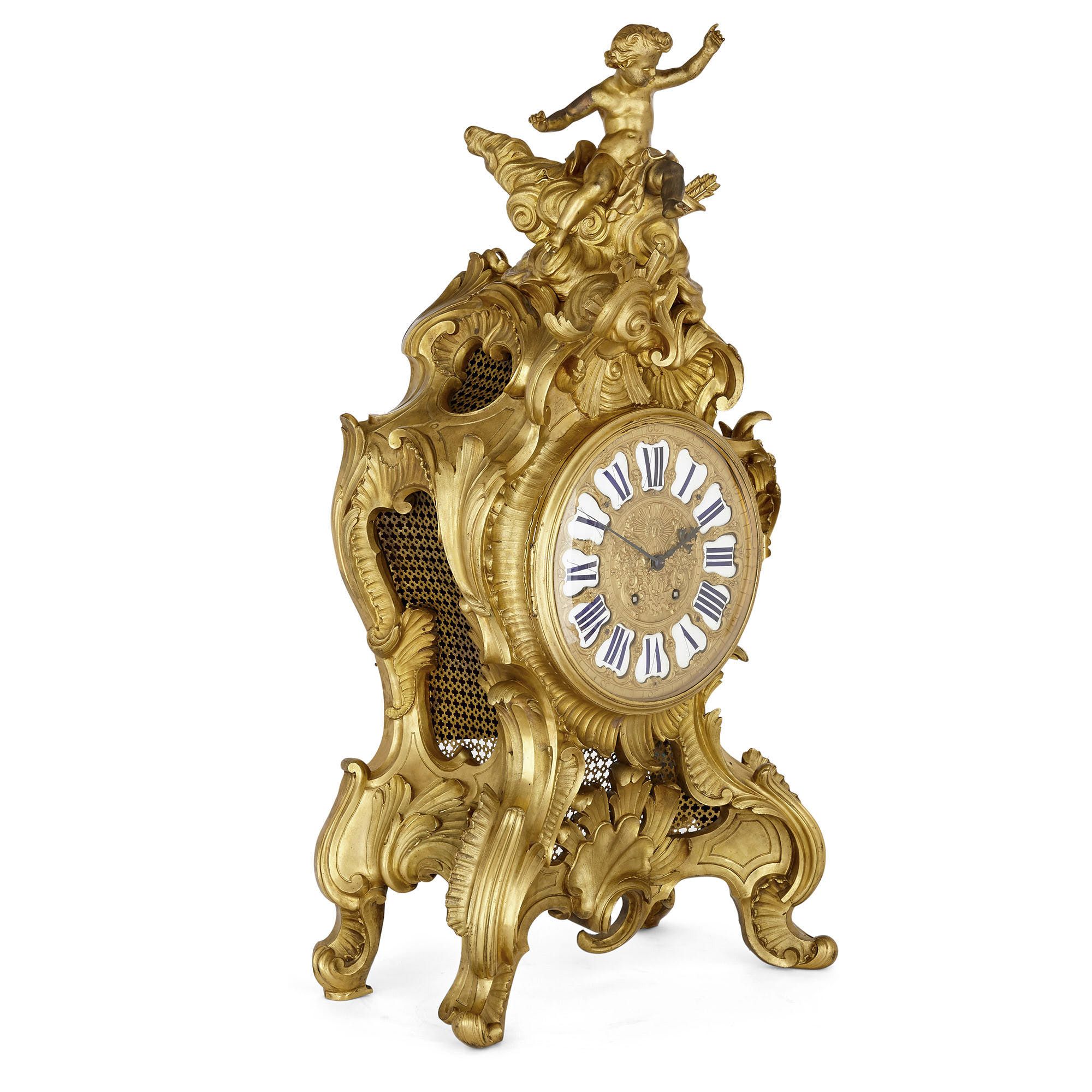 19th Century French Louis XV Rococo Bronze Dore Clock With Wall