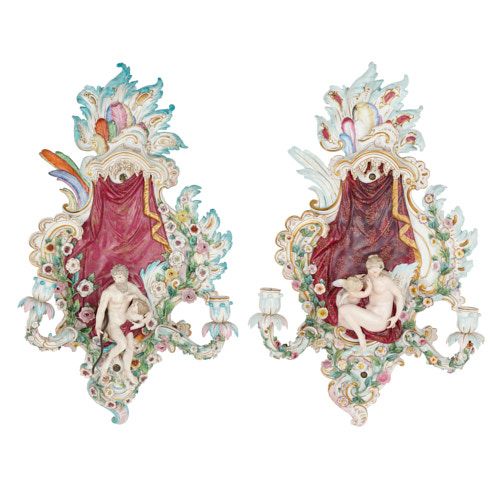 Pair of Meissen porcelain two-branch wall lights