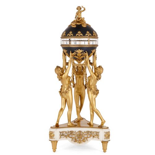 Large gilt bronze and marble cercle tournant clock after Vion